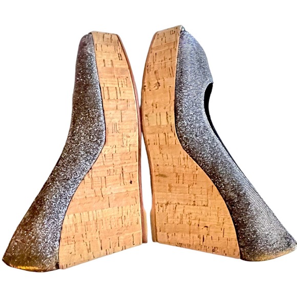 Stuart Weitzman Grey Lurex Glitter Anna Cork Wedge Platform Peep Toe Pumps 9.5 - Picture 4 of 13